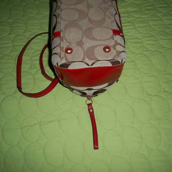 Coach Brown Signature Canvas with Red Patent Leather Bag with Wristlet/Wallet - Picture 13 of 16